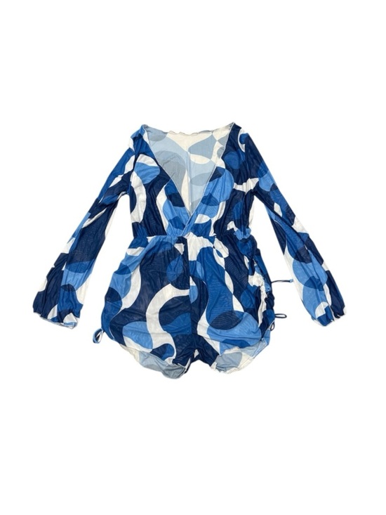 Other - 401. Women’s Blue Abstract Print V-Neck Long Sleeve Romper Cover Up